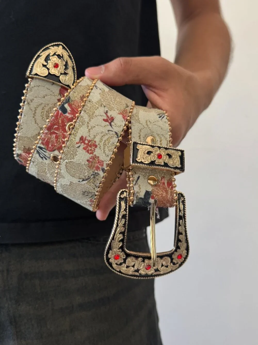 Cream Floral Jacquard Ornate Western Buckle Belt